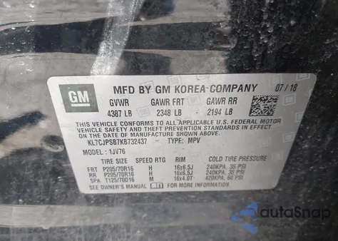 2019 Chevrolet Trax Lt z USA, uszkodzony, nr VIN KL7CJPSB7KB732437